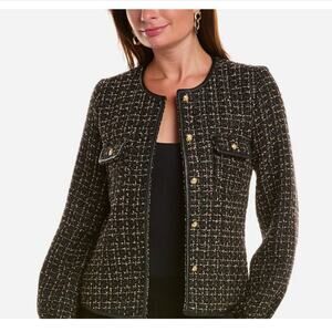 NANETTE lepore Tweed Jacket Black Gold size 10 Nwt faux leather trim
